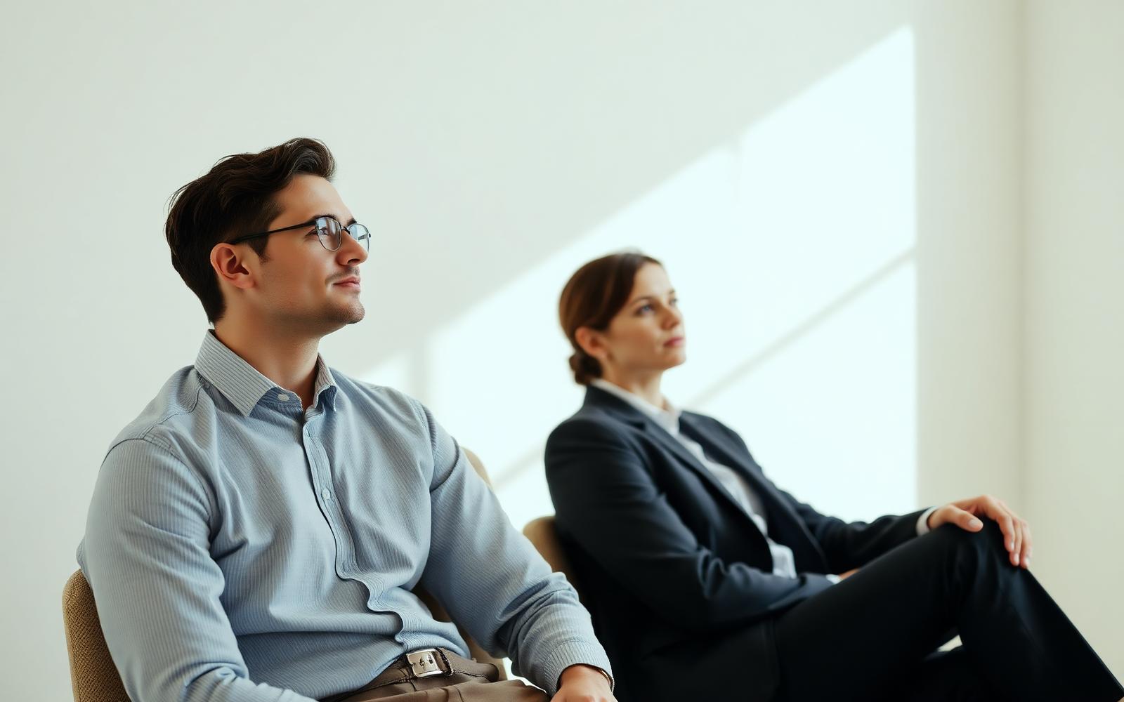 A thoughtful professional man and woman reflecting on the patterns in their lives