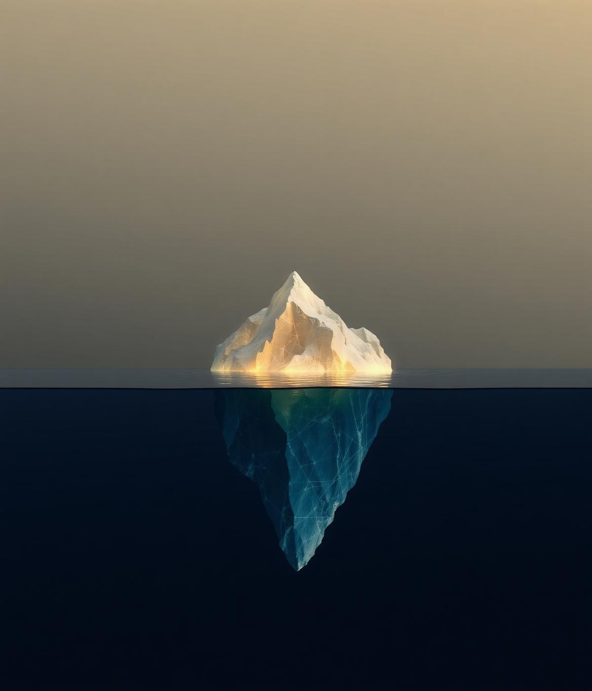 An iceberg showing a small visible tip above the water and a vast hidden structure below — like presenting problems and their hidden root cause